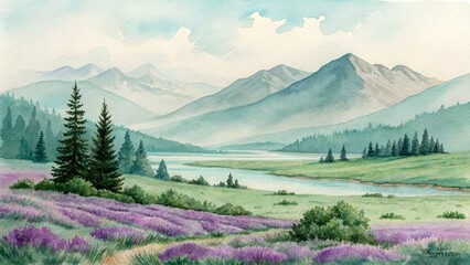 Obraz premium Mountains and fields beside a river during a sunny day in a rural area