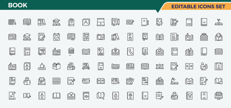 Book icon collection. Minimal linear icons. Related to dictionary, author, learning, noteeread. Vector artwork and illustration. Education related icon set.
