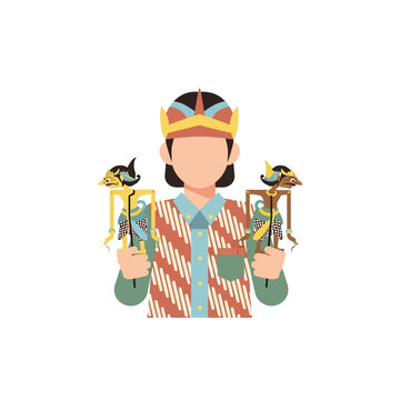 Indonesian Puppeteer Holding Wayang Kulit Shadow Puppets