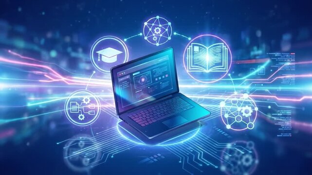 Laptop computer digital education icons online learning concept technology network virtual knowledge sharing futuristic glowing interface vibrant neon light effects in blue and purple tones