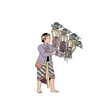 Indonesian puppeteer with traditional wayang kulit shadow puppets