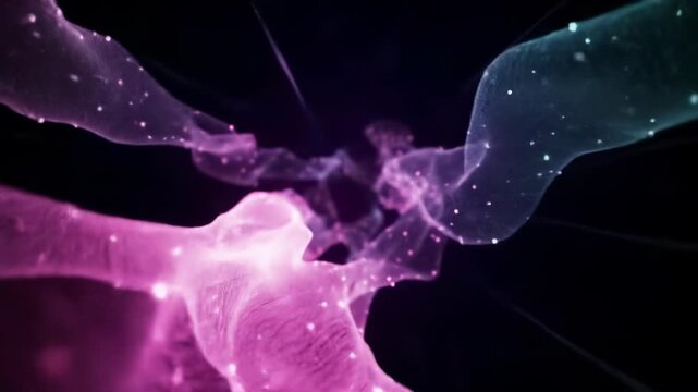 A wide-angle, slow dolly-in video of dynamic fuchsia and sapphire teal luminous organic-fluid elements swirling, merging, and reforming against a dark background with ethereal bokeh, suggesting