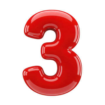 A glossy red number three rendered in 3d isolated on transparent background