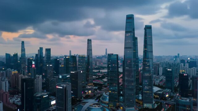 A breathtaking aerial wide video captures a hyper-modern metropolis at twilight, showcasing illuminated glass and steel skyscrapers and vibrant light trails, symbolizing the relentless pulse of