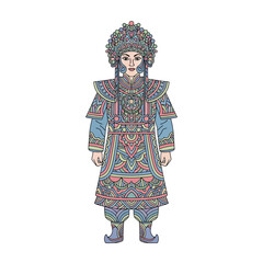 Fototapeta premium Ornate Traditional Asian Warrior Costume with Intricate Patterns and Headdress