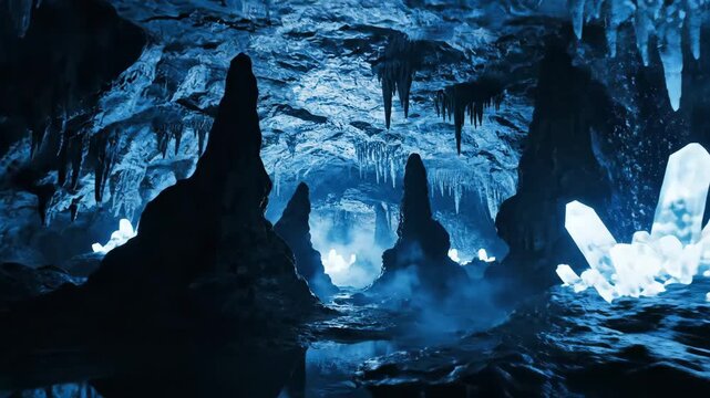 Explore a mystical blue ice cave featuring intricate stalactites and stalagmites with glowing crystals