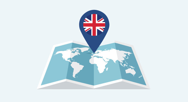 Flat lay illustration of a folded map with a UK flag pin on a light blue background, conveying travel and geography.