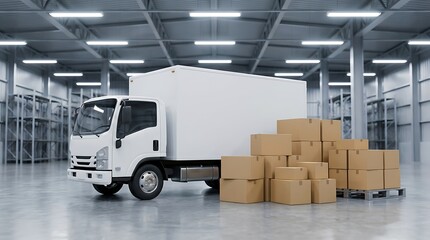 Naklejka premium White delivery truck and stacks of cardboard boxes in a large modern warehouse
