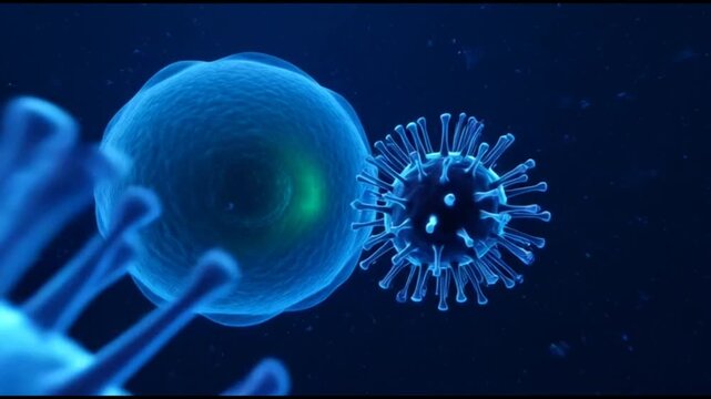 Glowing virus cell infection microbe biology disease pathogen microscopic medical science 3D render pandemic concept vivid pathogen detail particle undersea style glowing abstract dark laboratory