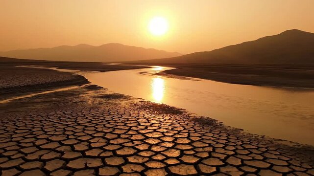 Sunset reflection on a quiet river surrounded by parched earth and cracked mud in a wide mountain valley under a hazy golden sky view