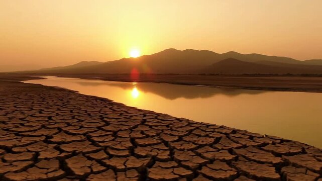 Wide drone shot of a parched landscape showing a thin river flowing through cracked mud under a glowing sunset in a mountainous region