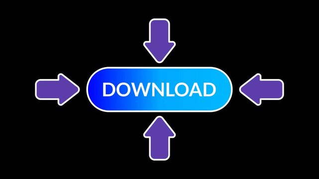 Seamless looping 4k white Download text on blue bar button with four purple arrows moving back and forth. Professional motion graphics with alpha channel background for versatile use