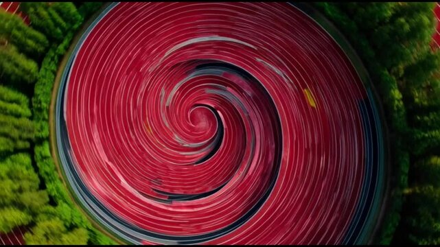 Abstract spiral pattern red aerial swirl circular motion forest texture geometric background vivid color modern architecture spiral stadium running track landscape sports arena outdoor design