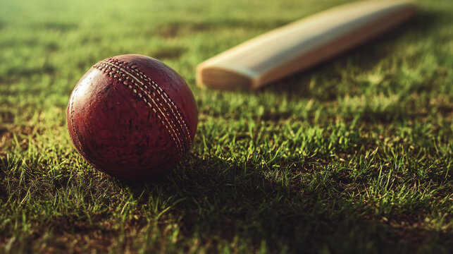 Close-up view of a vintage cricket ball and bat resting on lush green grass during daytime