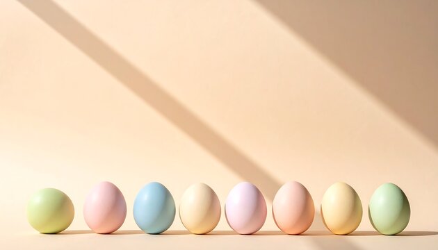 Line of eight colorful easter eggs on beige background