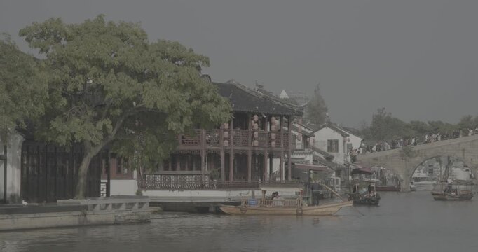 Lush Green Trees and Traditional Buildings Along the Picturesque River. Zhujiajiao, Shanghai, China