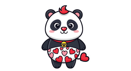 Naklejka premium A cartoon panda character wearing a red collar and heart-patterned dress on a plain white background with a cute expression.