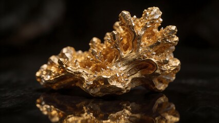 Obraz premium Golden mineral specimen on reflective surface