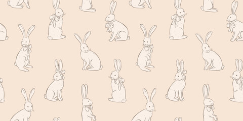 Seamless vintage Easter pattern with hand drawn bunnies wearing bows on a pastel beige background. Ideal for gift wrap, textiles, packaging, wallpapers, greeting cards and spring holiday decor. © Katrinka8888