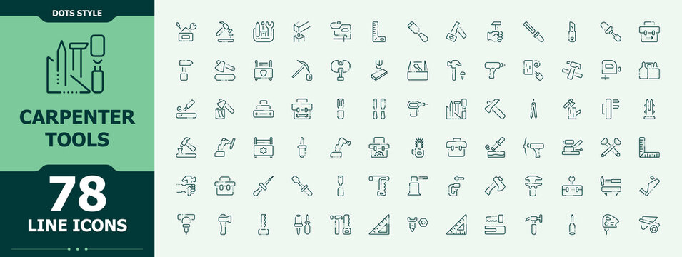 Carpenter Tools icon set. Outline icons pack. Included handyman, carpentry, carpenter, repair, wood craft. Editable vector. Pixel perfect. Carpentry simple icon set.