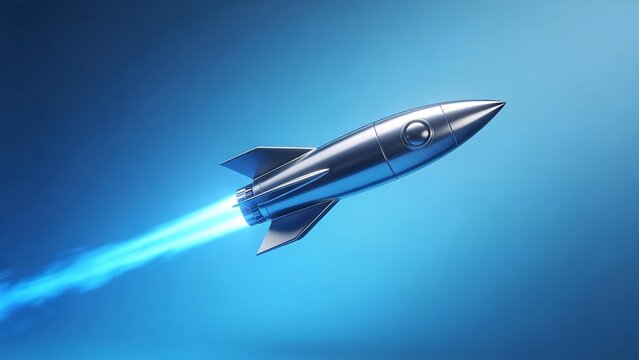 Silver rocket flying in blue sky
