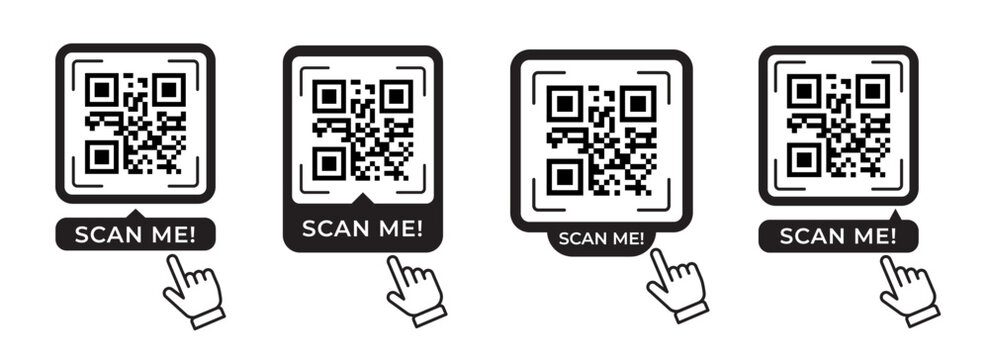 Scan me icon set with QR code and finger tapping. Qrcode click template collection for mobile app