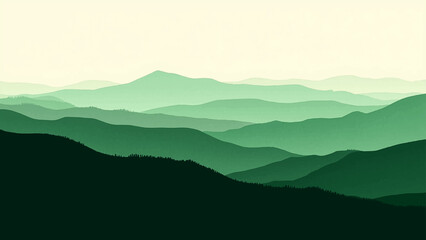 Vector Serene layered green mountain range and tranquil landscape background and soft hazy atmospheric and vast natural beauty and calm peaceful nature scene and gradient tone and inviting panorama. © Zìyóu