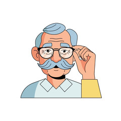 Fototapeta premium Elderly Man Adjusting Glasses, Cartoon Style Portrait