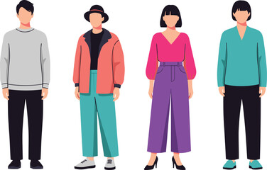 Fototapeta premium Faceless diverse people in modern outfits standing casual fashion characters minimal flat illustration trendy clothing style men and women
