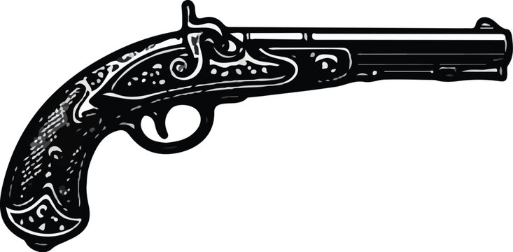 Black and White Engraved Derringer Pistol Silhouette Vector Illustration Clip Art Icon Vintage Pocket Handgun Double Barrel