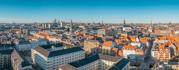 Obraz premium Copenhagen Cityscape Panorama with Nyhavn Canal and Church Spires, Denmark, Aerial View