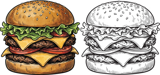 Retro hand drawn hamburger vector set in vintage engraving sketch style © liana