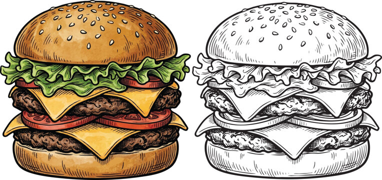 Retro hand drawn hamburger vector set in vintage engraving sketch style