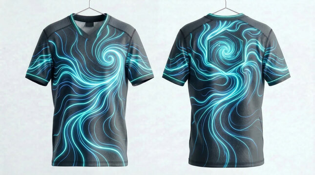 Futuristic glowing blue swirling abstract pattern design on a dark t-shirt. Front and back display of dynamic graphic tee for sportswear