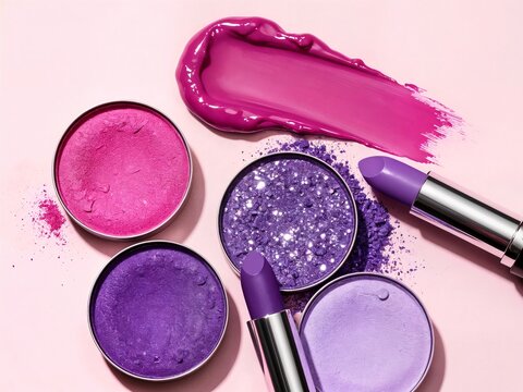Vibrant pink and purple makeup flatlay with lipsticks, crushed eyeshadow powder, and liquid swatch