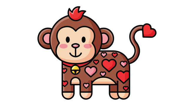 A cute cartoon monkey with a red mohawk and heart pattern on its body standing against a white background with a cheerful expression.