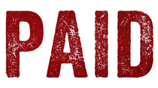 Bold textured red PAID text on a stark black background displaying a grunge style and a definitive statement of completed payment or transaction statu