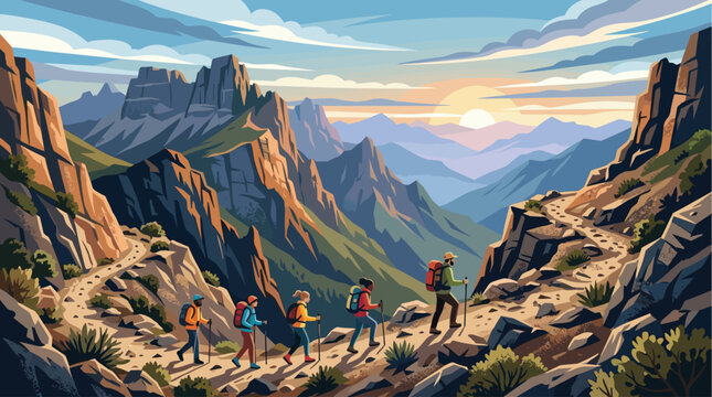 A diverse group of hikers with backpacks and trekking poles trek along a winding mountain path bathed in the warm glow of a vibrant sunrise.