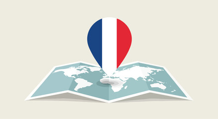 Naklejka premium Illustration of a map with a French flag pin on a white background, symbolizing travel or location.
