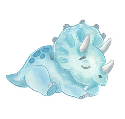 Watercolor Cute triceratops sleeping in pastel watercolor setting © NATALIA