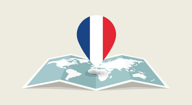 Illustration of a map with a French flag pin on a white background, symbolizing travel or location.