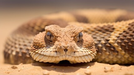 Naklejka premium Close-Up Macro Shot of a Desert Viper's Triangular Head and Camouflaged Coiled Body