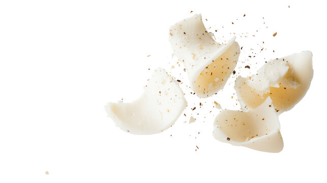 A broken eggshell explodes on a transparent background