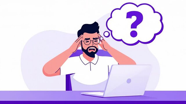 Man with beard and glasses sitting at desk using laptop computer looking worried and thinking with question mark in thought bubble