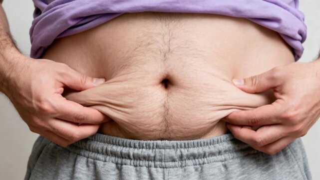 Overweight man pinching abdominal belly fat in a close up body image about obesity, excess weight and health risk.