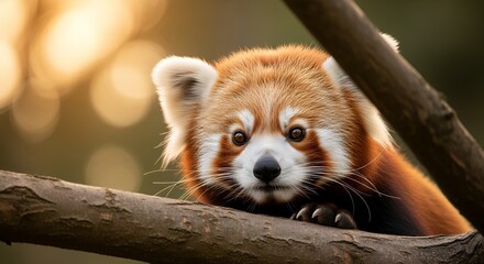 Fototapeta premium Adorable Red Panda Resting on a Tree Branch with Soft Golden Bokeh Background and Natural Sunlight
