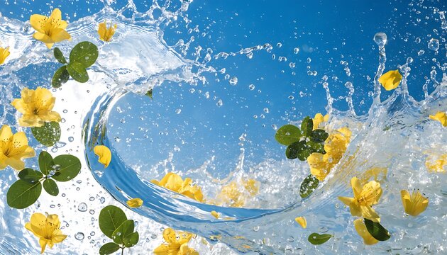 Water Splash With Yellow Flowers and Green Leaves Against Bright Blue Sky, Fresh Spring Energy
