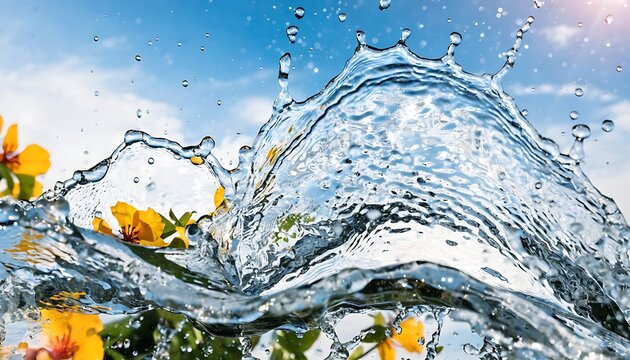 Water Splash With Yellow Flowers and Green Leaves Against Bright Blue Sky, Fresh Spring Energy
