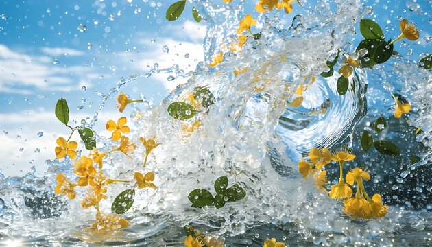 Water Splash With Yellow Flowers and Green Leaves Against Bright Blue Sky, Fresh Spring Energy
