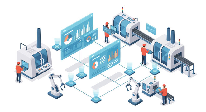Isometric illustration of a modern industrial data analytics dashboard with people working in a factory setting, showcasing technology and efficiency in a futuristic business environment.